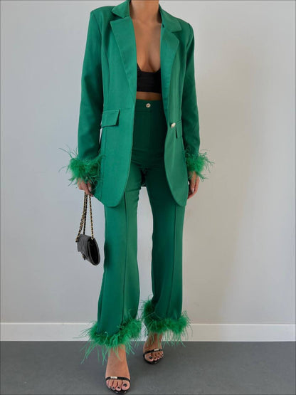 Спортно-Елегантен Костюм с Ествени Пера Зелен